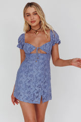 Norma Jean Puff Sleeve Cut-Out Bust Lace Mini Dress Blue