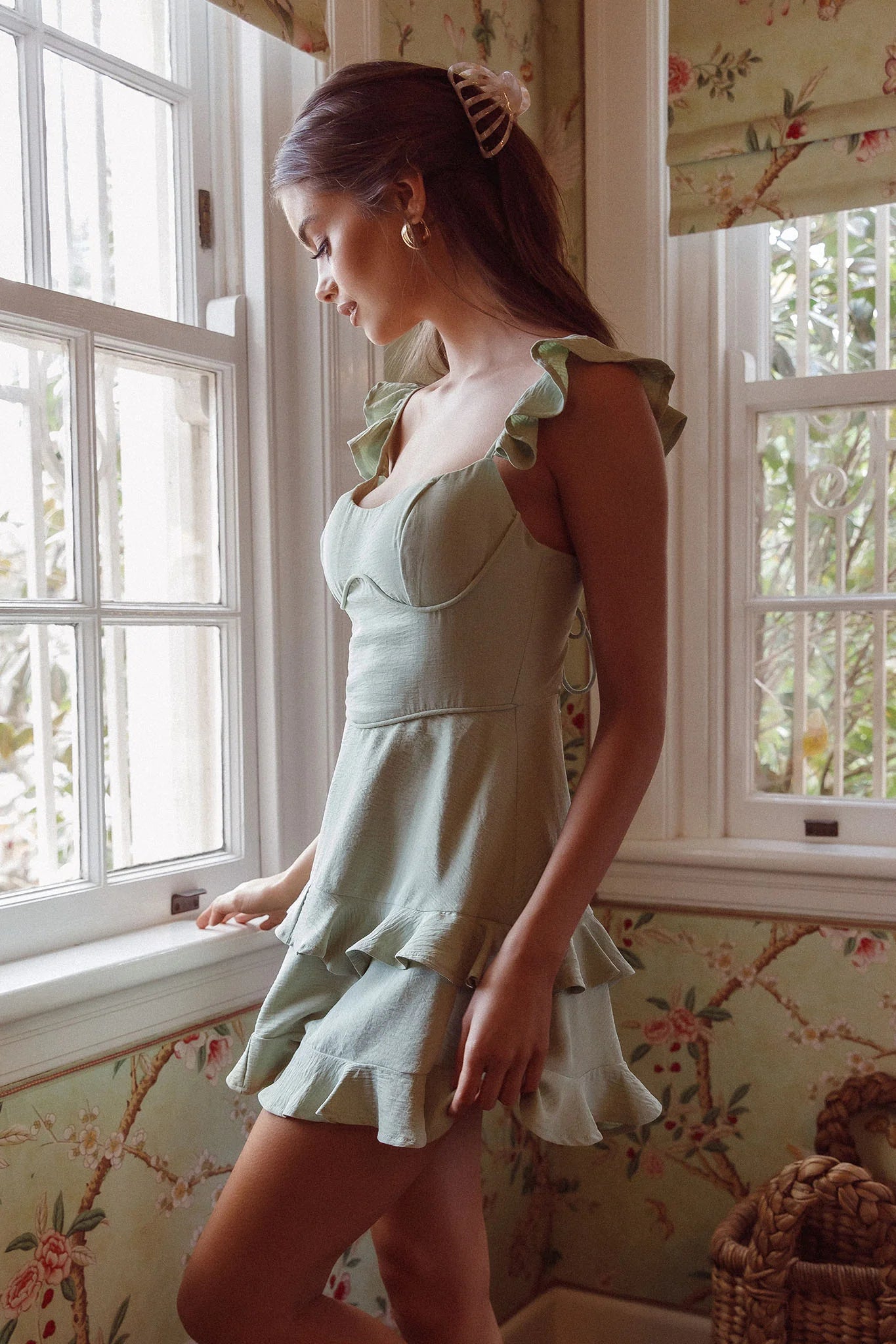 Moonlit Moment Ruffle Trim Piping Detail Lace-Up Back Dress Sage