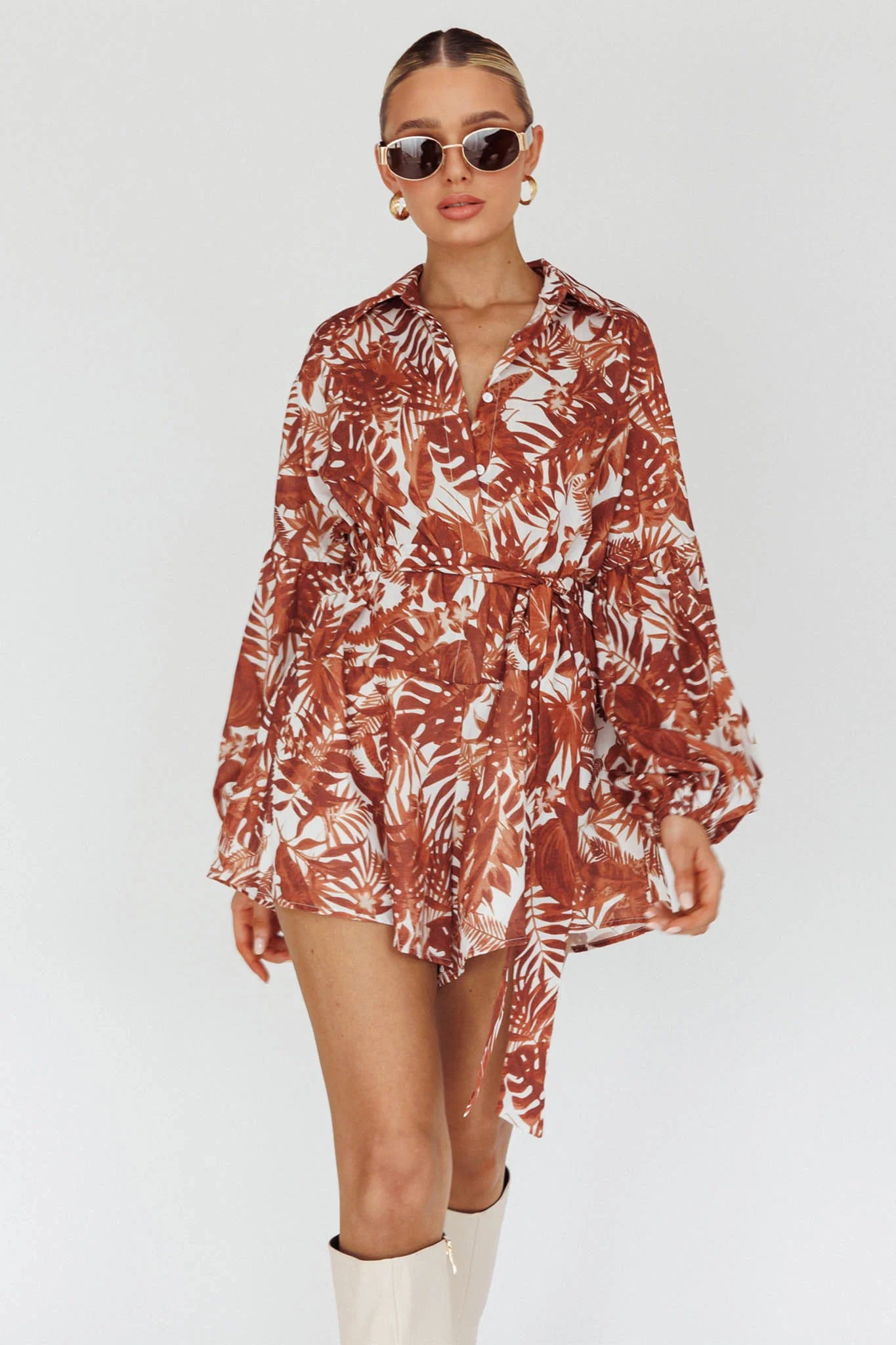 Daytona Beach Long Sleeve Shirt Romper Leaves Brown