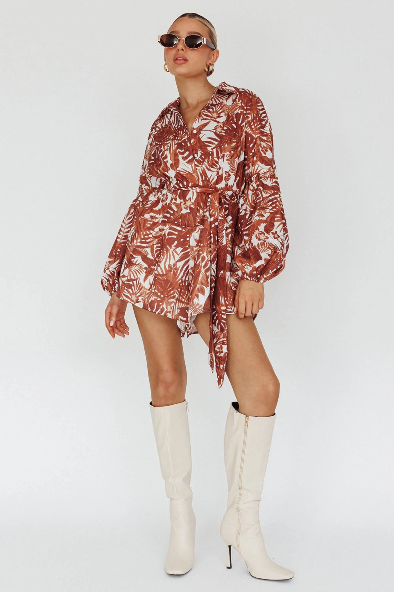 Daytona Beach Long Sleeve Shirt Romper Leaves Brown