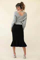 Shalon Ribbed Knit Fluted Hem Midi Skirt Antique Black