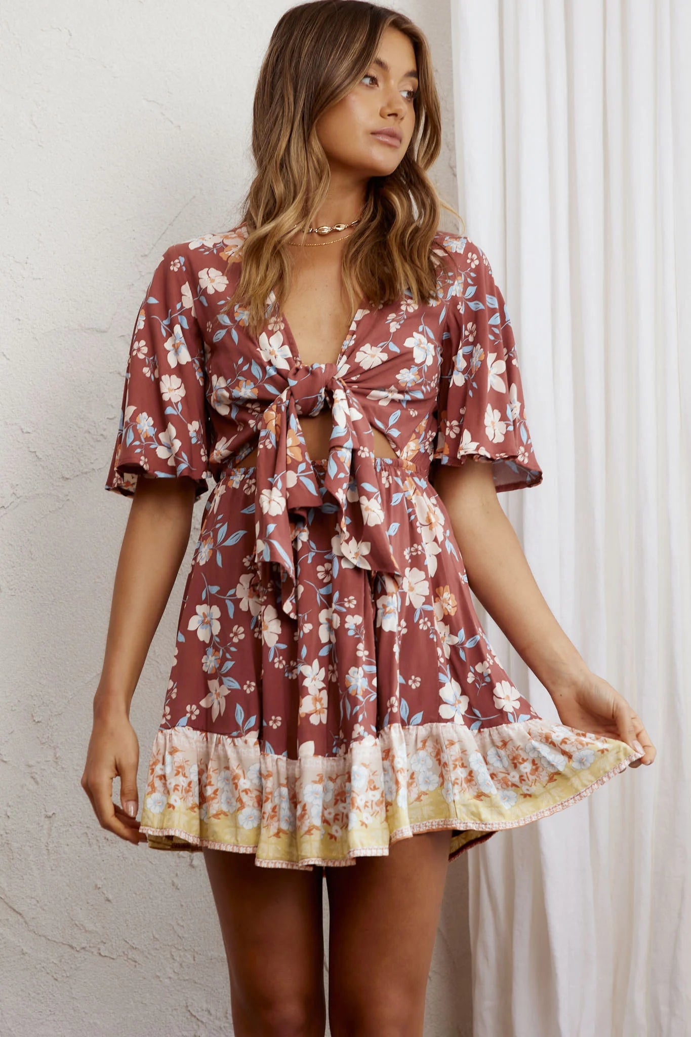 Suva Tie-Knot Bust A-Line Dress Floral Chocolate