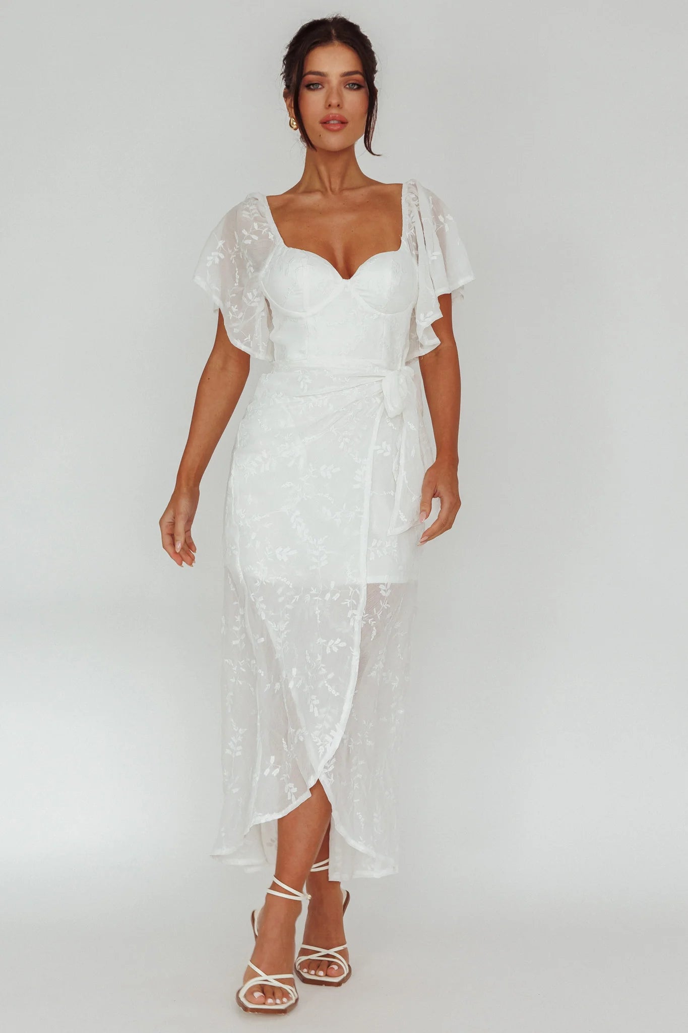 Aphrodite Molded Bust Angel Sleeve Midi Dress Floral White