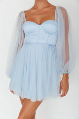 Fairytale Dream Sheer Sleeve Mini Dress Blue