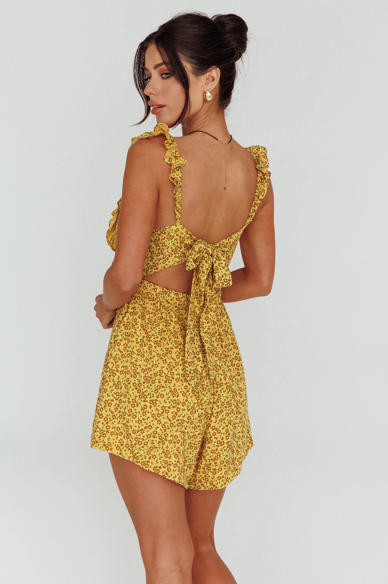 Lazy Sunday Frill Strap Tie-Up Back Romper Floral Print Mustard